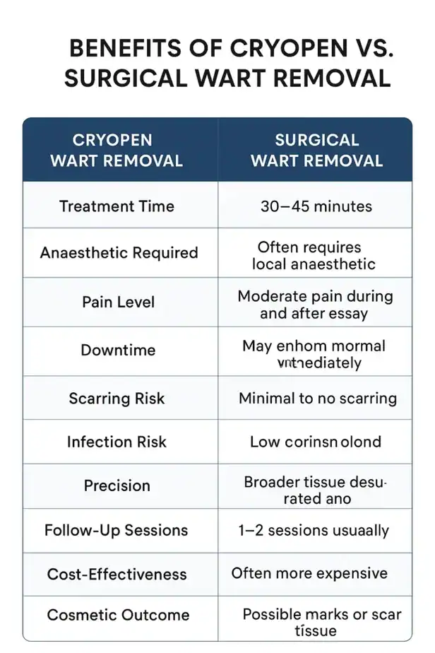 Table showing the benefits of cryopen to remove warts Eastcote compared to surgical treatment